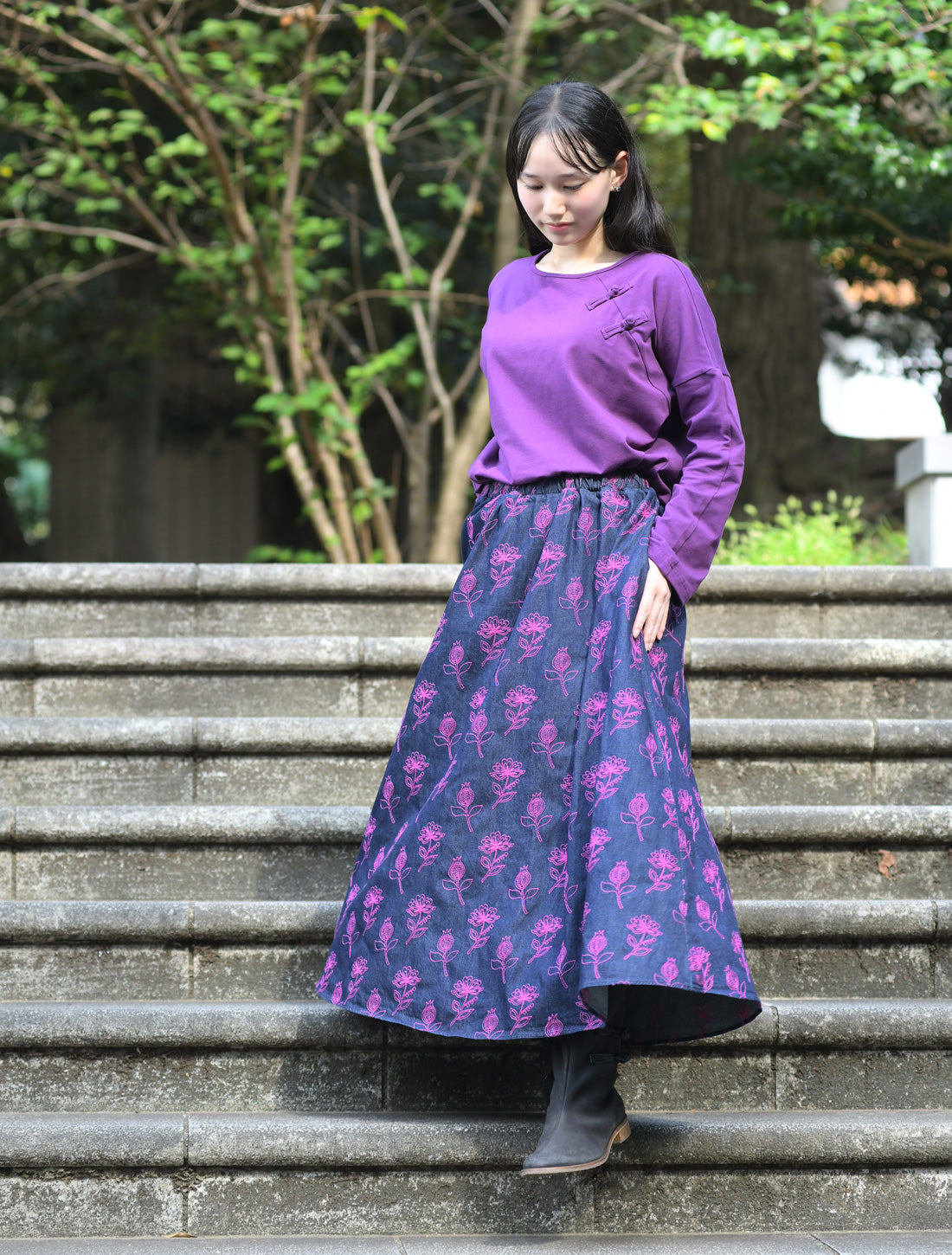 フォレストフラワーデニム刺繍フレアースカート