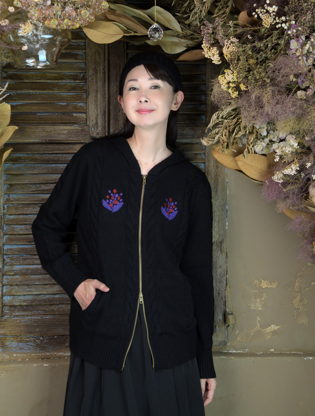 南天刺繍ケーブルニットパーカー【2025AW】