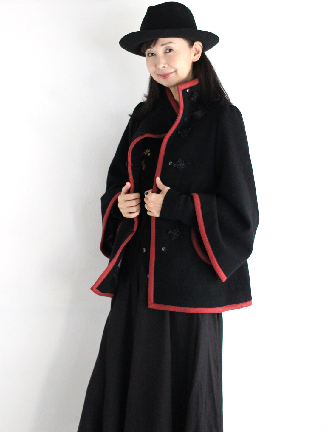 【25周年】チャイナ釦ショートコート/牡丹柄裏地