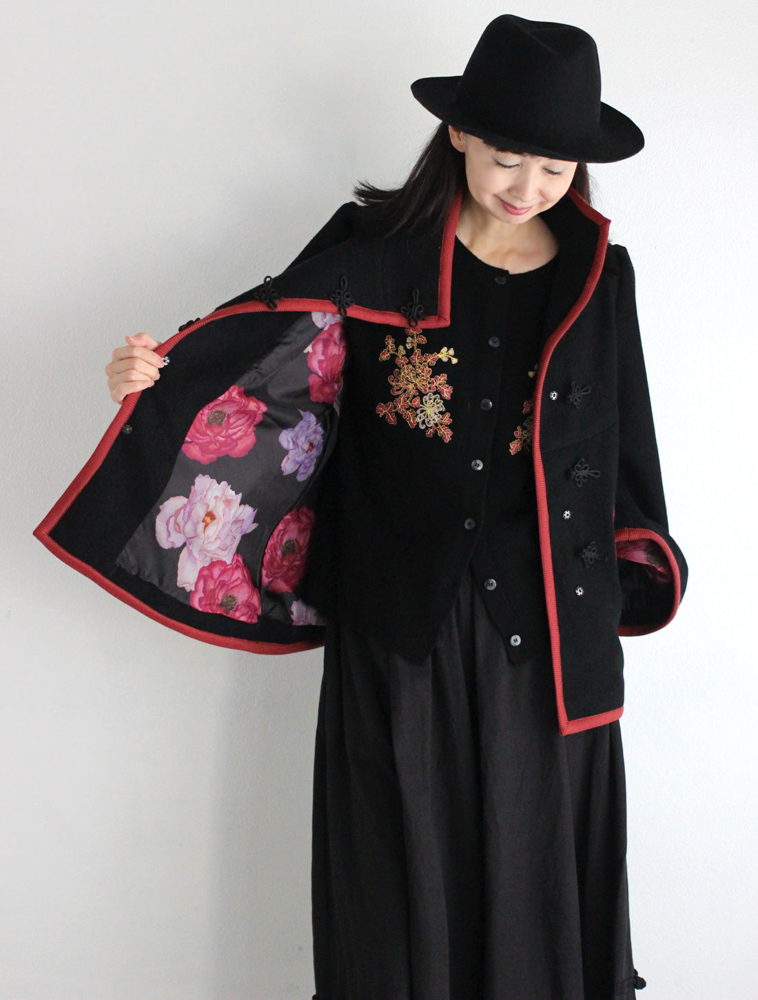 【25周年】チャイナ釦ショートコート/牡丹柄裏地