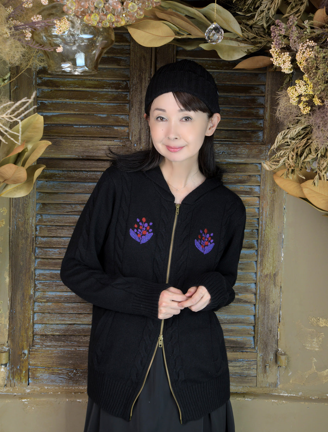 南天刺繍ケーブルニットパーカー【2025AW】