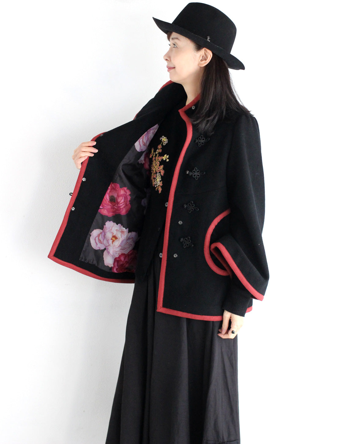 【25周年】チャイナ釦ショートコート/牡丹柄裏地