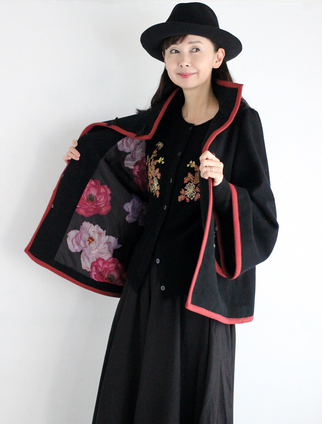 【25周年】チャイナ釦ショートコート/牡丹柄裏地