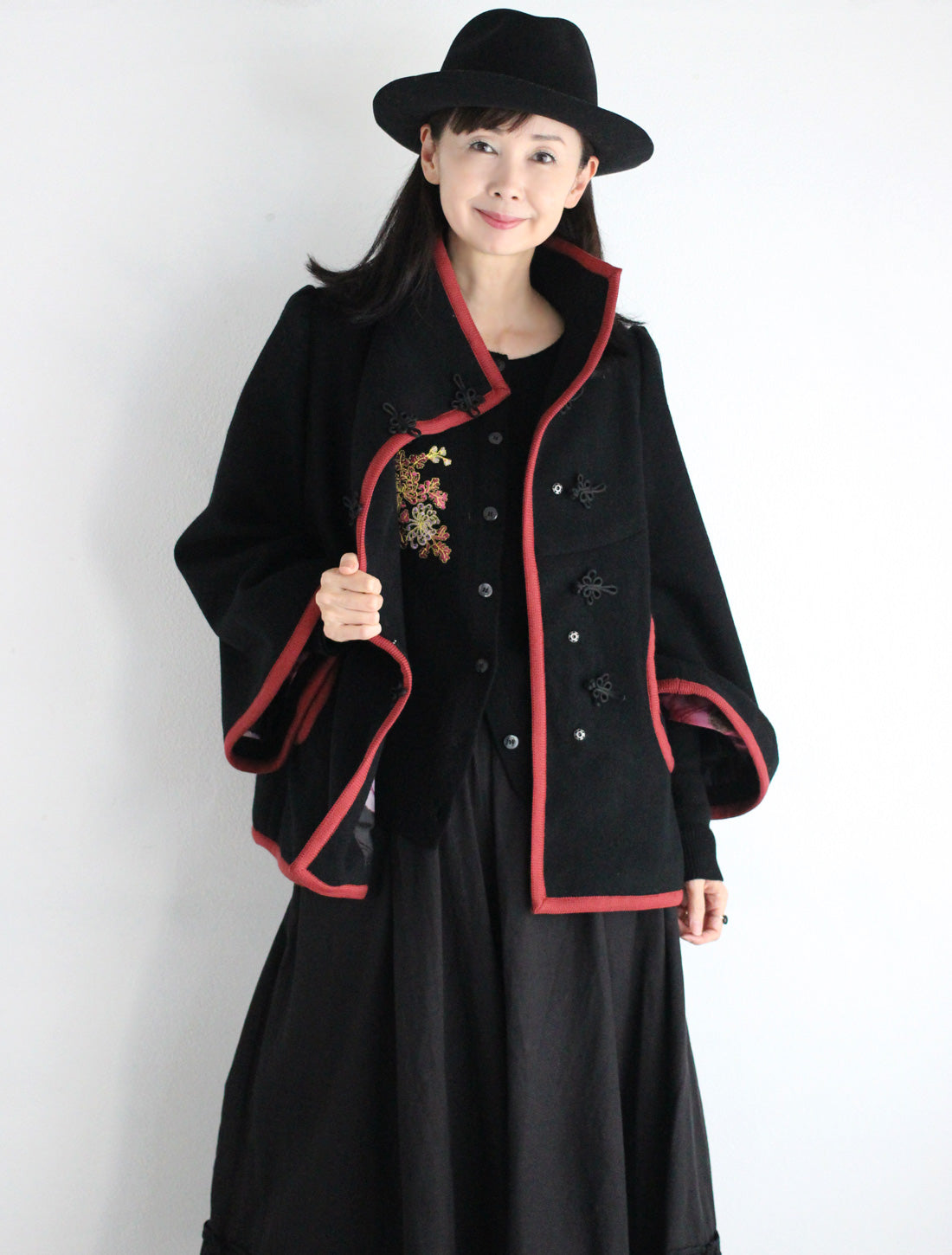 【25周年】チャイナ釦ショートコート/牡丹柄裏地