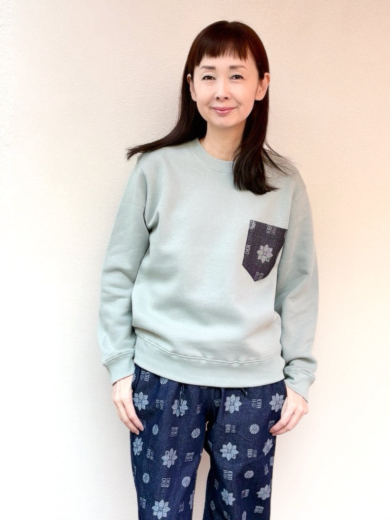 福モノグラムデニムポケット付きトレーナー